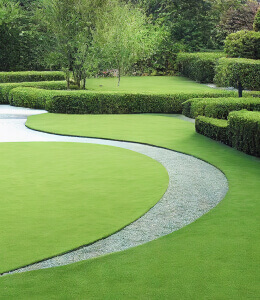 Lush green landscaped garden path